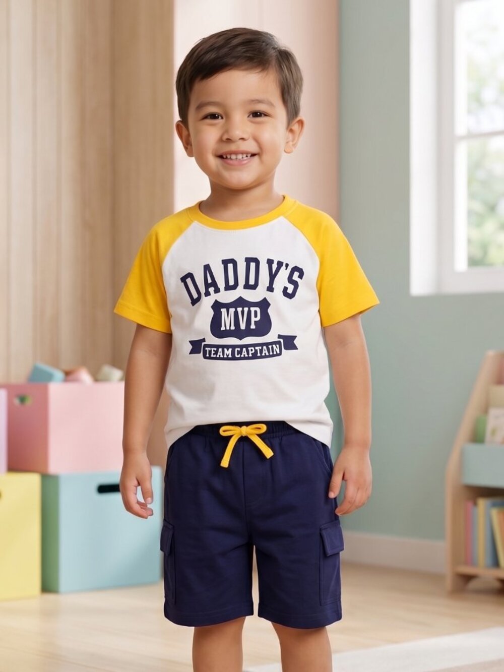 NWT Coralup Toddler Boy Daddy's MVP Raglan Shirt Navy Cargo Shorts Set 3-4Y